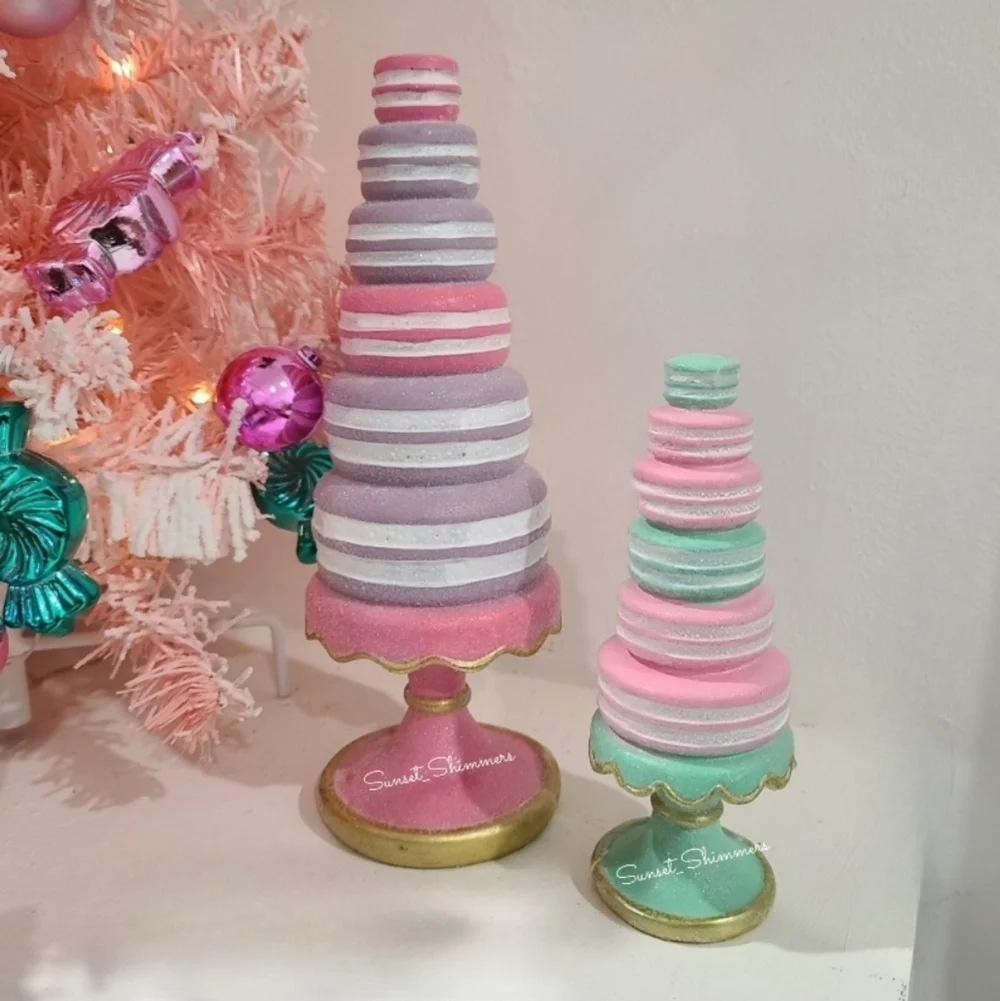 2pc Set Spring Easter Pastel Faux Macaron Tree on Pedestal Sugared Topiary Pink